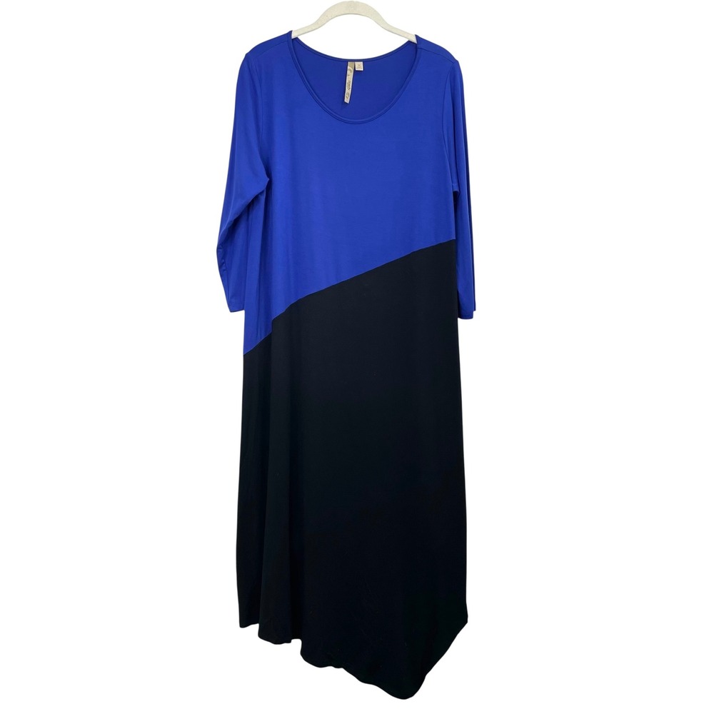 Comfy USA colorblock asymmetric hem midi dress Size M black blue boho lagenlook‎